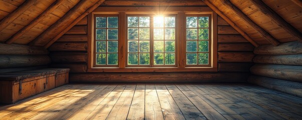 Warm sunlight streaming through a large wooden window illuminates the cozy interior of a rustic log cabin attic, creating a tranquil and inviting atmosphere