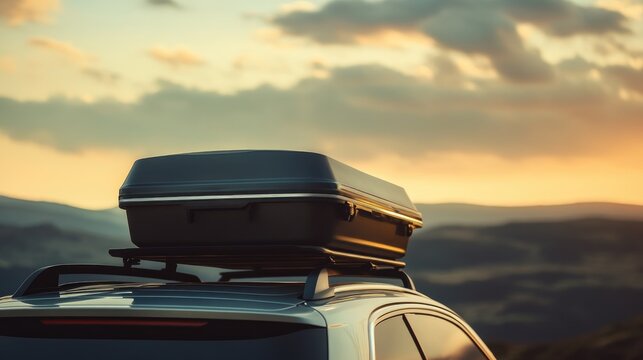 Sunset Road Trip with Luggage on Roof Rack of a Silver SUV, Scenic Mountain Landscape in Background, Adventure and Travel Inspiration