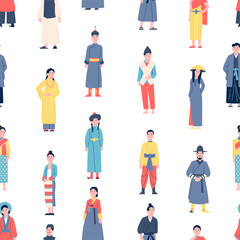 People oriental style. Men women wear asian traditional dresses and costumes. Seamless pattern with national wearing, vector background