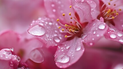 Close-up of raindrops on pink cherry blossoms, with water droplets glistening in the soft light.