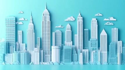 Obraz premium Paper-cut skyline art, intricate high-rise structures, vibrant colors, whimsical design, urban landscape, creative expression, unique perspective