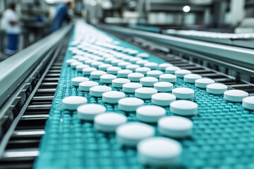 Obraz premium Automated production line with white tablets moving on conveyor belt, showcasing pharmaceutical manufacturing process