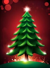 Illustration of green color Christmas tree is on a red theme bokeh background