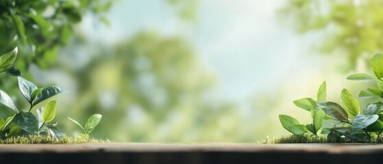 Fototapeta premium Lush green plants growing on a wooden surface in a serene forest setting during daylight hours