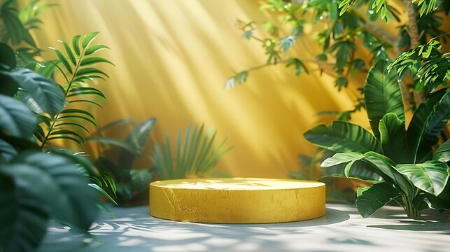 Bright Yellow Podium Summer Product Showcase: Minimalist Scene with Lush Green Leaves and Sunlight for Summer Product Presentation