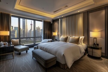 Luxury Hotel Room Shows Modern Decor, Bed, and City View with Night Lamps