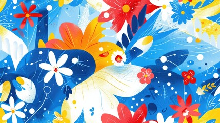 A whimsical pattern of people skiing down the mountains