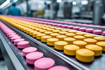 Fototapeta premium Colorful tablets on production line in factory, showcasing vibrant pink and yellow colors, highlighting manufacturing process