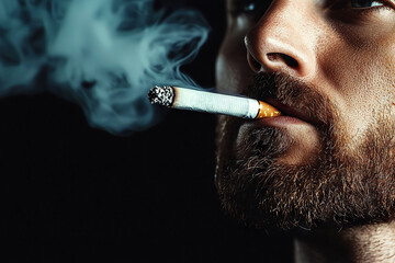 close up of man with beard smoking cigarette, exhaling smoke. dark background enhances dramatic effect of scene