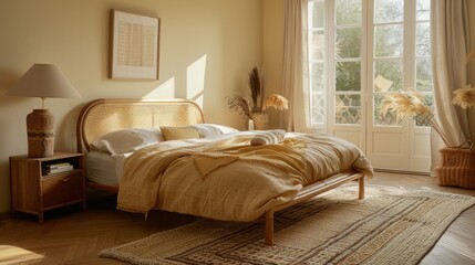 A bedroom with light brown linen bedding