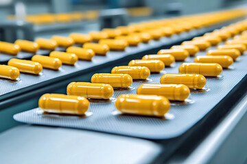 Obraz premium Yellow capsules on production line, showcasing pharmaceutical manufacturing. image captures precision and efficiency of process, highlighting importance of quality in medication production