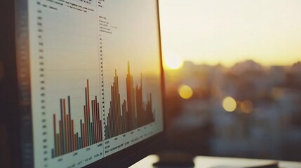 Data Analyst Reviewing Statistical Visualizations with Golden Hour Lighting on Computer Screen