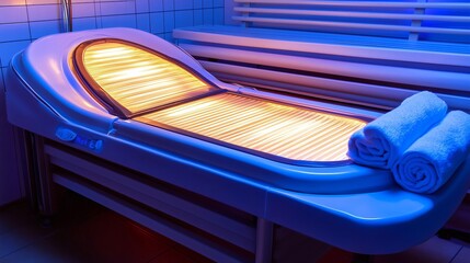 Modern solarium bed exhibiting orange light in spa room