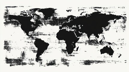 Obraz premium Artistic Black and White World Map Illustration with Distressed Texture on a Light Background Suitable for Travel, Education, or Decor Projects