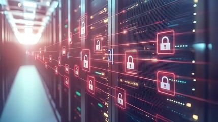 Data Center Security Visualization with Glowing Lock Icons and Server Racks in Soft Natural Light