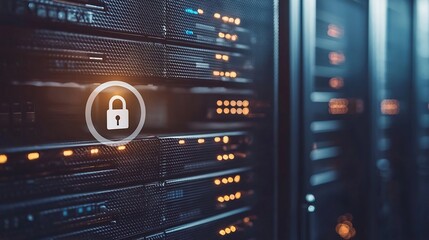Data Center Server Racks with Lock Icon Overlay and Golden Hour Lighting