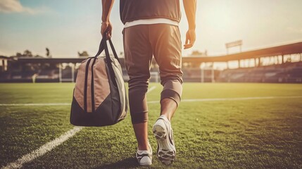 Soccer player leaving field after training session with sports bag