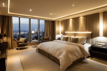 Luxury Bedroom Design Showcases Elegant Interior with City View at Night