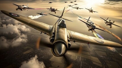 Vintage air force planes flying in formation over countryside