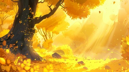 Golden sunlight streams through the trees in a vibrant autumn forest