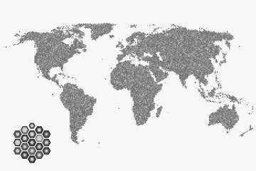 Flat earth world map with hexagonal dots. Round pixel pattern. Modern digital globe. Bright dots on white background. Worldmap template for website, infographics, design.