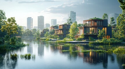 Fototapeta premium Urban renewal a panoramic view of a city in harmony with nature lakeside lifestyle modern architecture