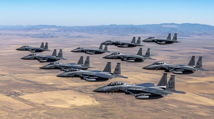Fighter jets flying in formation over desert landscape