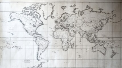 Vintage World Map Illustration Depicting Countries, Oceans, and Geographical Features from Historical Cartography for Educational Use and Decoration