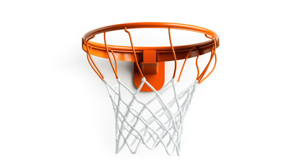 Close-up view of an orange basketball hoop with a white net against a plain white background, showcasing the top and side structure of the rim and attachment.
