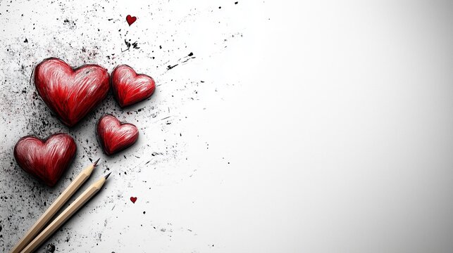 A white background with four red hearts and two pencils. The pencils are on the left side of the hearts
