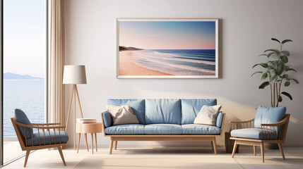 Coastal Living Room Blue Sofa Ocean View Beach Print