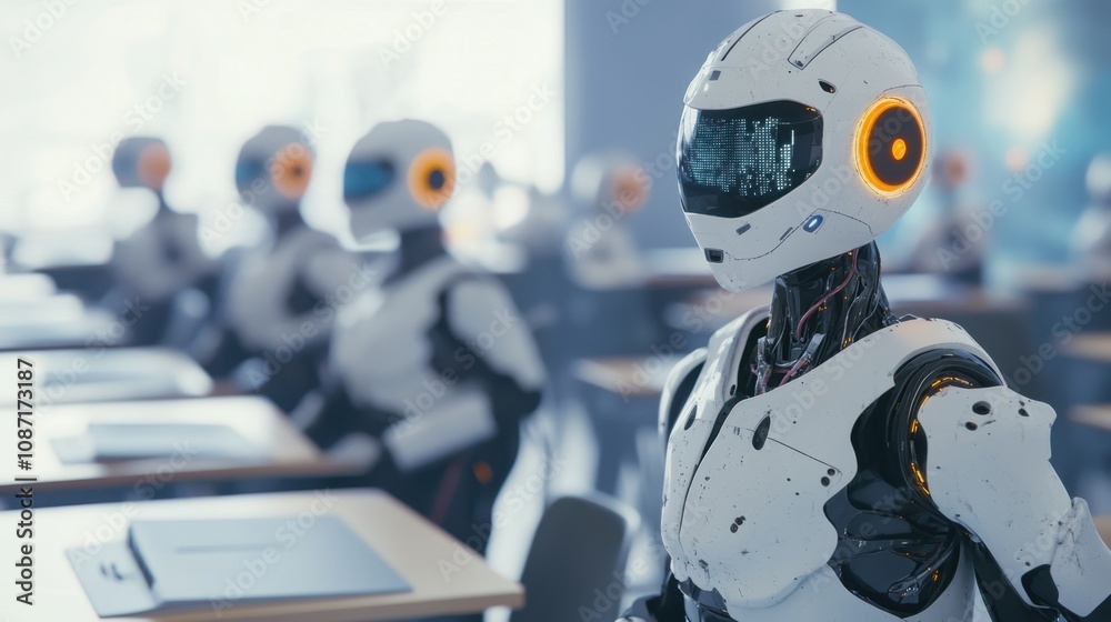 Poster futuristic classroom with robots engaged in learning, showcasing advanced technology and artificial 