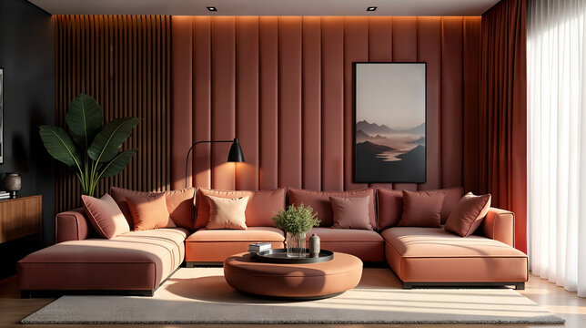 Luxurious Living Room Design with Tufted Tube Panel Walls and Cozy Color Palette and Plush Furnishings