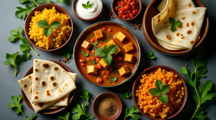 Sumptuous Top-Down View of a Vegetarian Indian Banquet with a Variety of Colorful Dishes