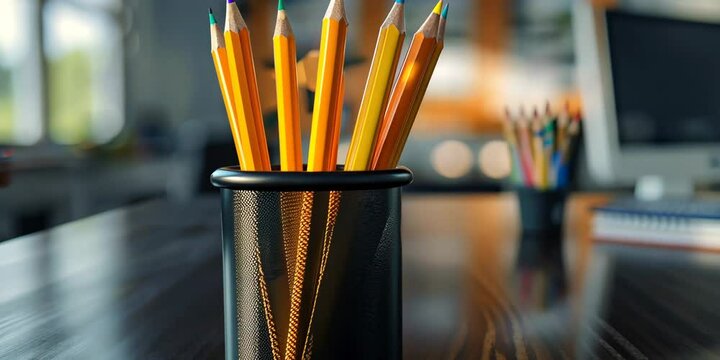 Pencil holder on the office desk, 4K Video