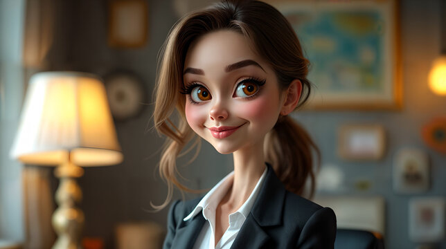 A Whimsical Caricature of a Charming Businesswoman with Exaggerated Features in a Playful Professional Setting
