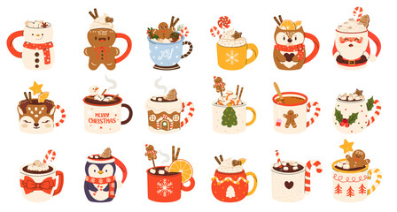 Big collection of cute Christmas Mugs in various shapes. Flat cartoon beverages. Сacao with whipped cream, marshmallow and candy cane. Seasonal flavored products, cards for New Year or winter holidays