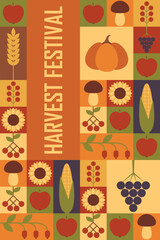 Harvest Festival. Vertical modern template design for background, banner, greeting card, poster with text inscription. Vector  illustration