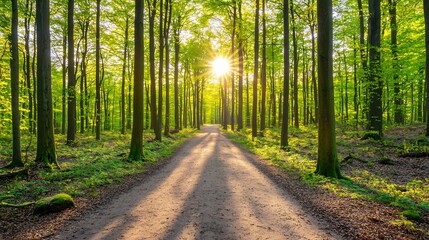 Obraz premium Magical Forest Path with Filtering Sunlight and Lush Foliage