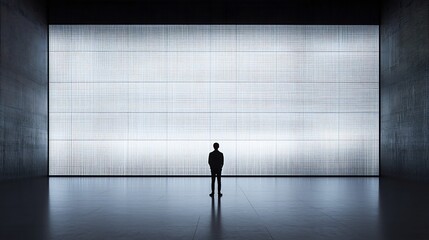Fototapeta premium Man Viewing Expansive Data Visualization Dashboard in Minimalist Corporate Setting