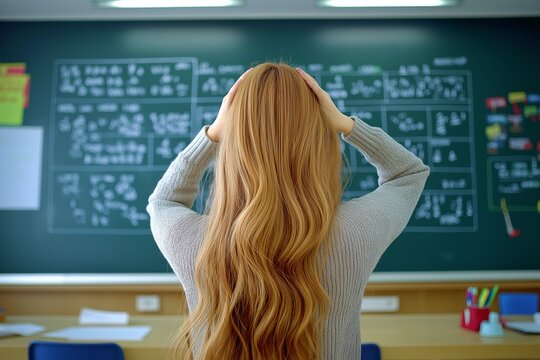 Frustrated student in classroom facing complex math problem on chalkboard, capturing academic challenges and problem-solving struggles in education