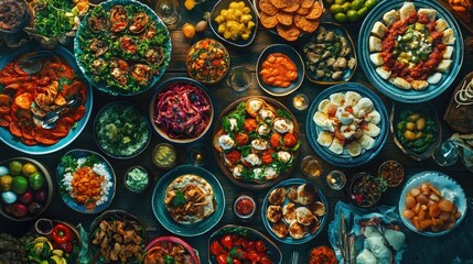 Aerial view of tapas assortment with vibrant colors, arranged symmetrically, [appetizers], [artistic plating] 