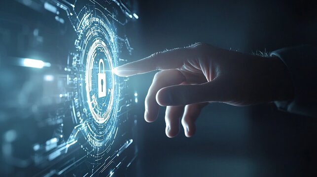 Person Touching Digital Padlock on a Futuristic Blockchain Display with Backlighting Effect and Empty Space