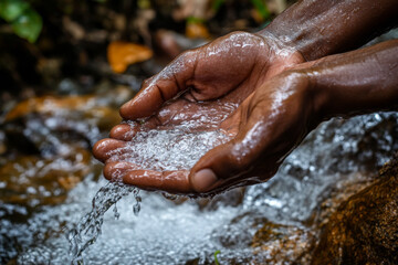 Fototapeta premium Social Issues Water Pouring in African Child's Hands
