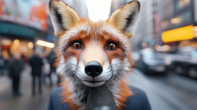 An animated anthropomorphic fox with a microphone stands confidently on an urban street, engaging directly with the viewer amidst the bustling city background.