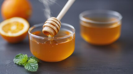 Herbal remedies with honey and vitamin C boost immunity. Honey drizzling in a glass bowl with oranges