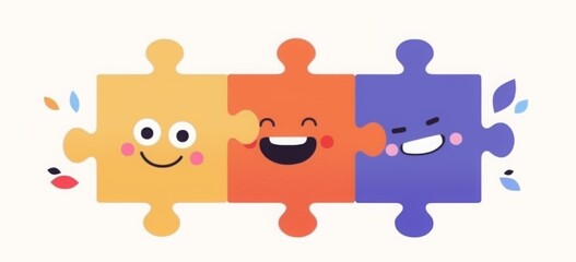 Naklejka premium Collaborative Puzzle Pieces, colorful smiling puzzle pieces symbolizing teamwork and creativity for children, set against a clean white backdrop.