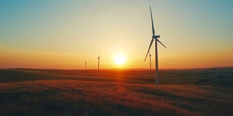 Obraz premium Wind power plant in the yellow field against cloudy sky. Bright autumn landscape, large panoramic view