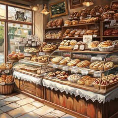 A Charming Rustic Bakery Displaying an Abundance of Freshly Baked Breads and Pastries
