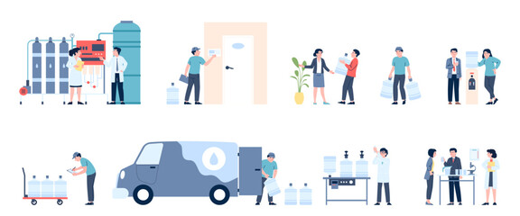Fototapeta premium Clean water delivery and purification process. Scientist research liquids for public drinking. Transportation, distribution and logistic recent vector scenes